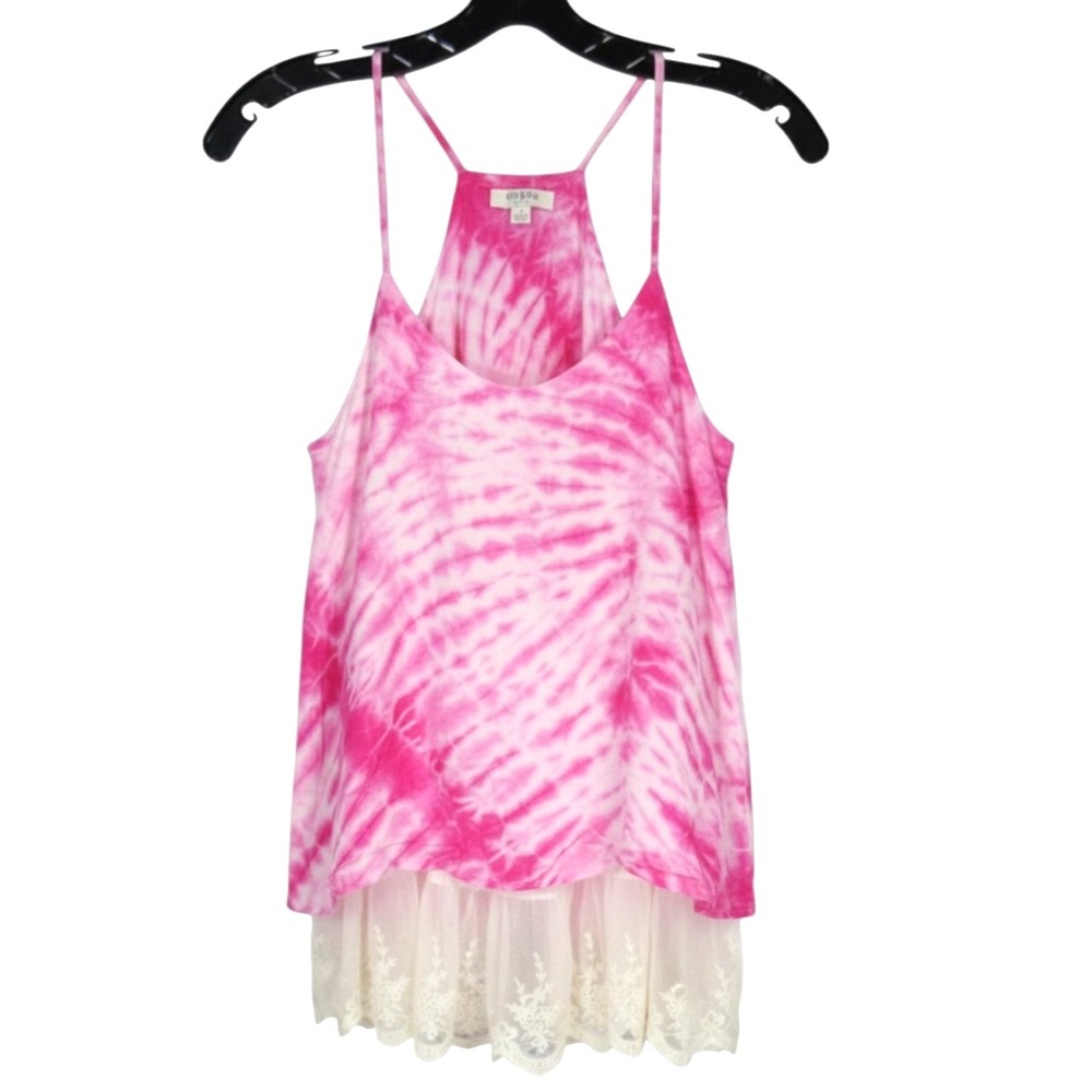UMGEE Pink TIE-DYE OVERLAY Embroidered Lace SLEEVELESS Swing TANK TOP Sz S